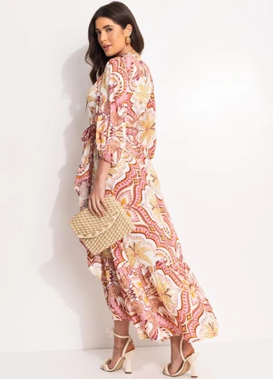 Farm - Vestido Longo Manga Lenço Jóia Tropical Rosa - FARM