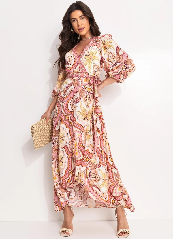 Farm - Vestido Longo Manga Lenço Jóia Tropical Rosa