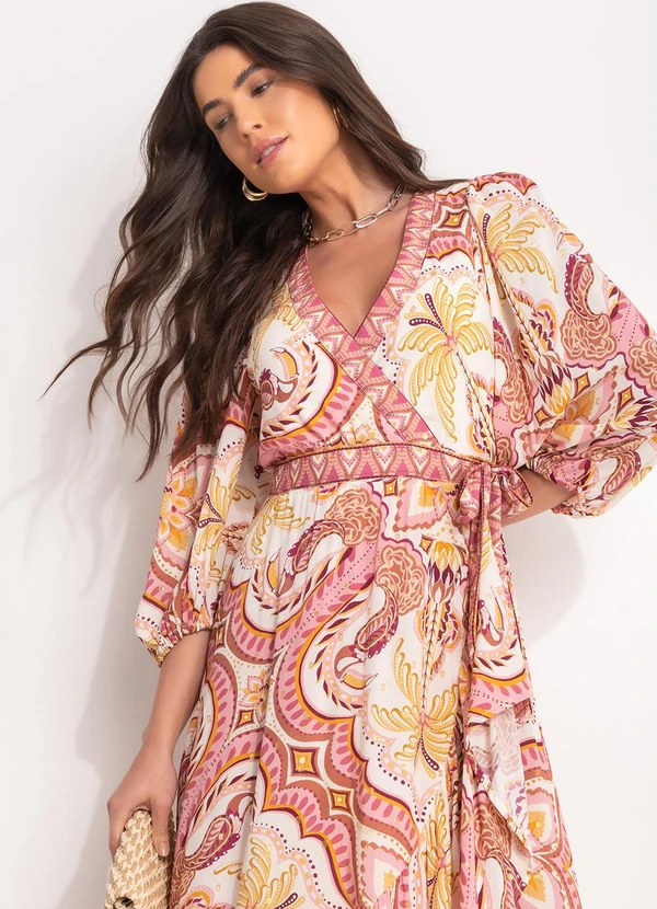 Farm - Vestido Longo Manga Lenço Jóia Tropical Rosa 3
