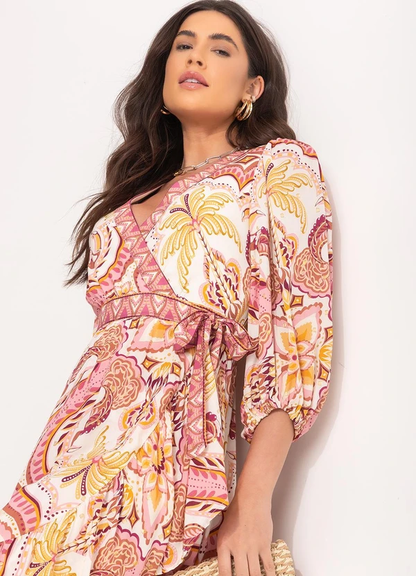 Farm - Vestido Longo Manga Lenço Jóia Tropical Rosa 5