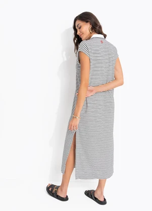 Cantão - Vestido Longo Polo Piquet Listras Azul - CANTÃO