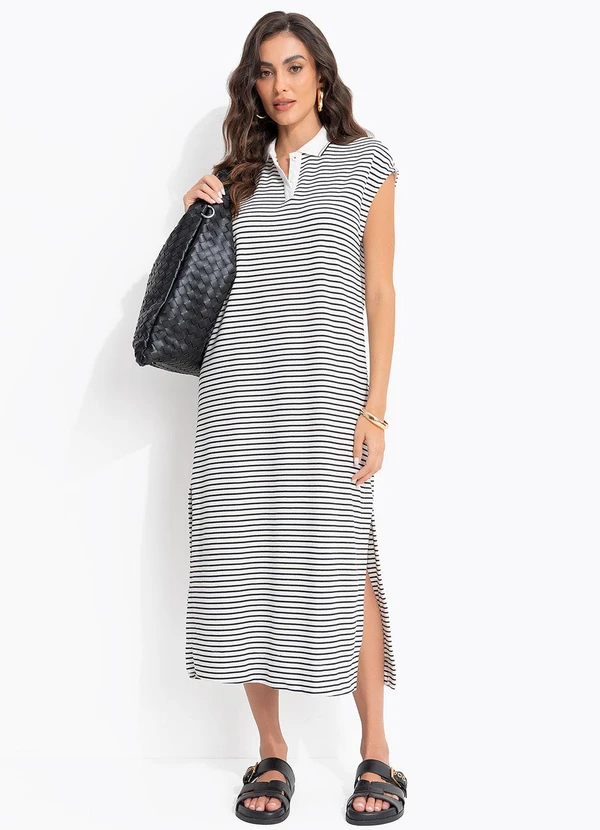 Cantão - Vestido Longo Polo Piquet Listras Azul