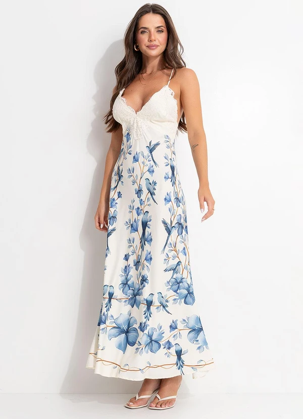 Farm - Vestido Longo Voo em Flor Bege