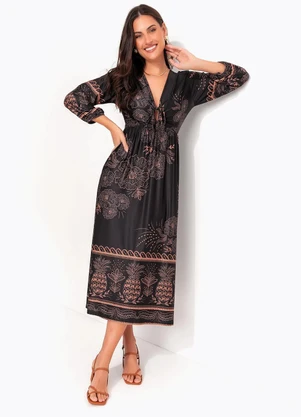 Quintess - Vestido Longuete Abacaxi Tropical em Malha Fria com Manga 3/4 - QUINTESS