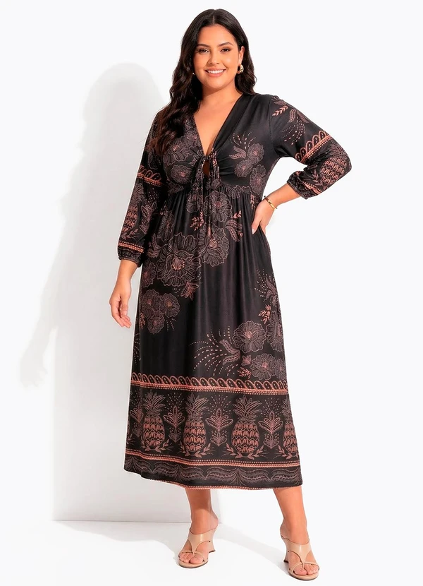 Quintess - Vestido Longuete Abacaxi Tropical em Malha Fria com Manga 3/4 7