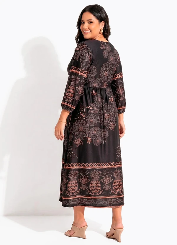 Quintess - Vestido Longuete Abacaxi Tropical em Malha Fria com Manga 3/4 8