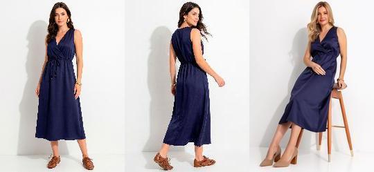 Vestido Longuete Acetinado Azul Marinho com Decote Transpassado e Bolsos