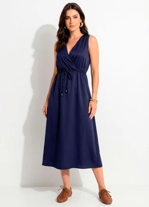 Quintess - Vestido Longuete Acetinado Azul Marinho com Decote Transpassado e Bolsos - QUINTESS