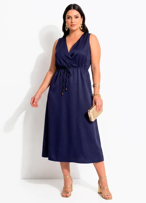 Quintess - Vestido Longuete Acetinado Azul Marinho com Decote Transpassado e Bolsos - QUINTESS