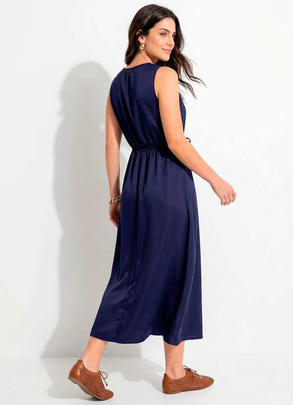 Quintess - Vestido Longuete Acetinado Azul Marinho com Decote Transpassado e Bolsos 6