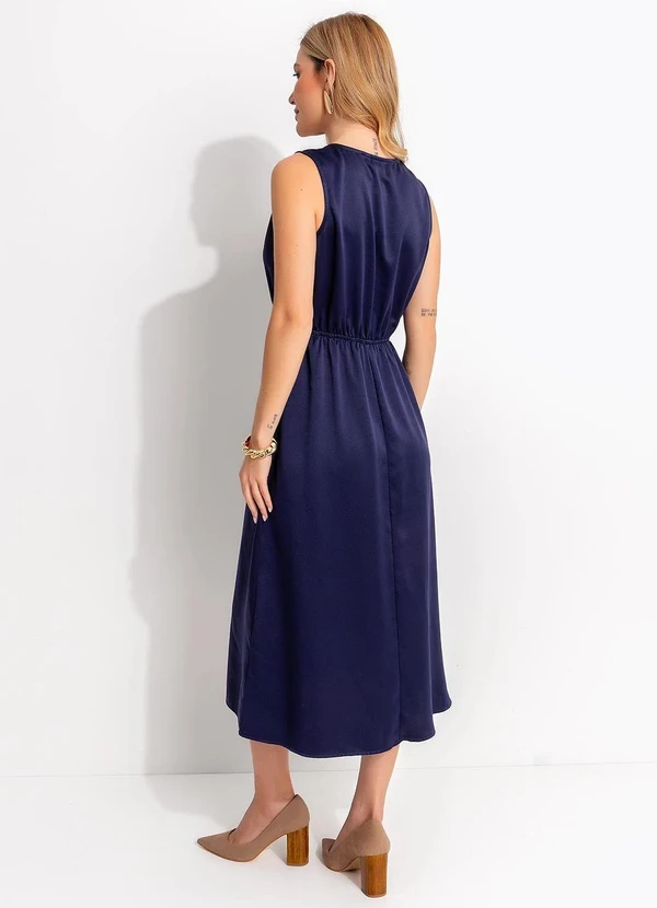 Quintess - Vestido Longuete Acetinado Azul Marinho com Decote Transpassado e Bolsos 3