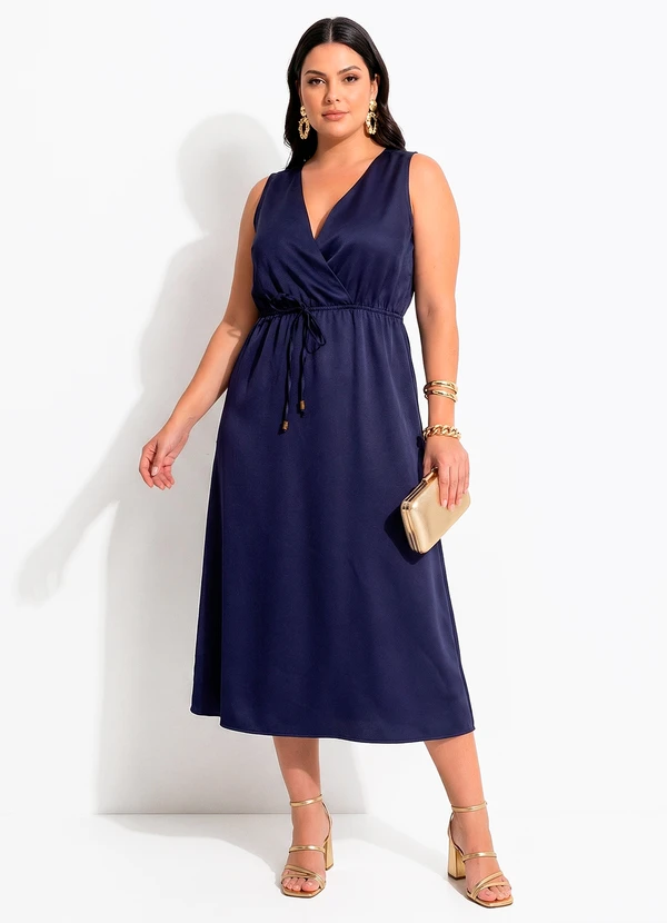 Quintess - Vestido Longuete Acetinado Azul Marinho com Decote Transpassado e Bolsos 1