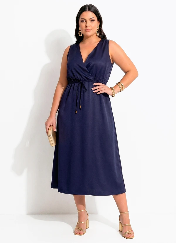 Quintess - Vestido Longuete Acetinado Azul Marinho com Decote Transpassado e Bolsos 10