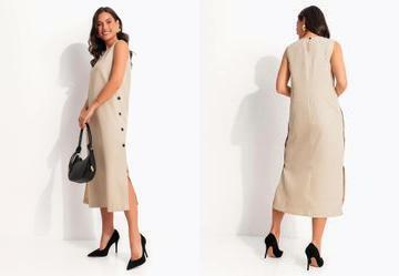 Vestido Longuete Bege em Alfaiataria com Bot�es e Fendas Laterais