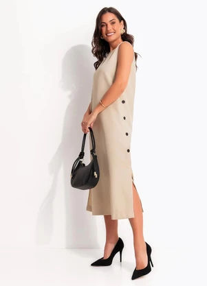 Quintess - Vestido Longuete Bege em Alfaiataria com Botões e Fendas Laterais - QUINTESS