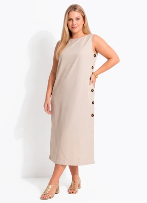 Quintess - Vestido Longuete Bege em Alfaiataria com Botões e Fendas Laterais - QUINTESS