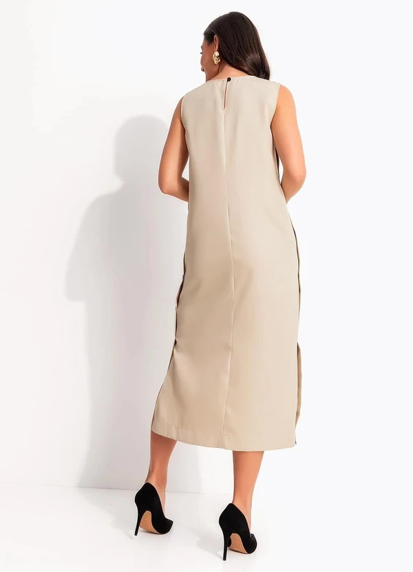 Quintess - Vestido Longuete Bege em Alfaiataria com Botões e Fendas Laterais 3