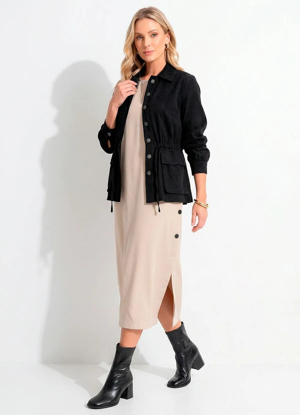 Quintess - Vestido Longuete Bege em Alfaiataria com Botões e Fendas Laterais 2