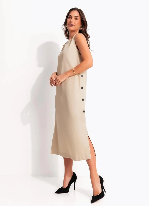 Quintess - Vestido Longuete Bege em Alfaiataria com Botões e Fendas Laterais 5