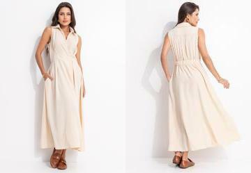 Vestido Bege em Alfaiataria de Polister