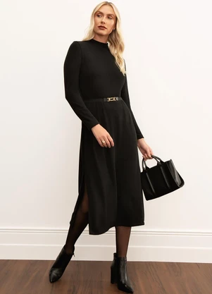 Principessa - Vestido Longuete em Malha Canelada Preto Diana - PRINCIPESSA