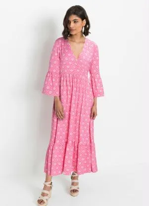 Queima Estoque - Vestido Longuete Mangas Amplas Paisley Rosa - QUEIMA ESTOQUE