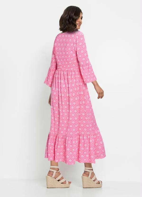 Queima Estoque - Vestido Longuete Mangas Amplas Paisley Rosa 2