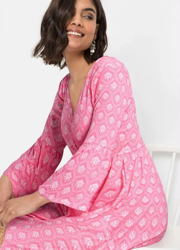 Queima Estoque - Vestido Longuete Mangas Amplas Paisley Rosa 4