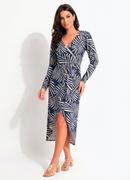 Vestido Longuete Transpassado Folhagem Azul em Malha de Viscose