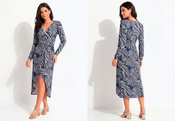 Vestido Longuete Transpassado Folhagem Azul em Malha de Viscose