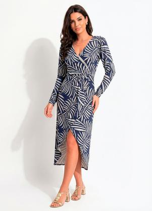Vestido Longuete Transpassado Folhagem Azul em Malha de Viscose