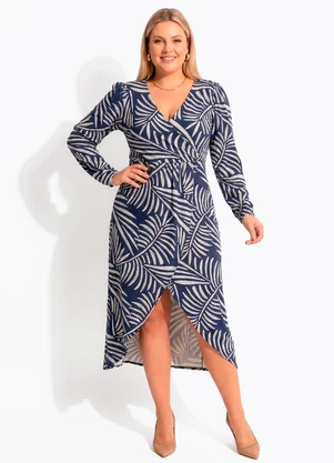 Quintess - Vestido Longuete Transpassado Folhagem Azul em Malha de Viscose - QUINTESS