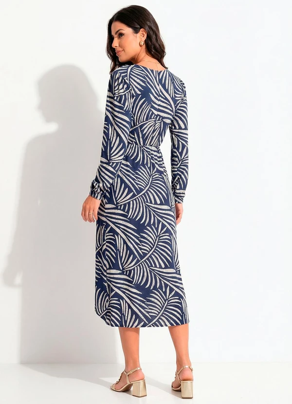 Quintess - Vestido Longuete Transpassado Folhagem Azul em Malha de Viscose 2