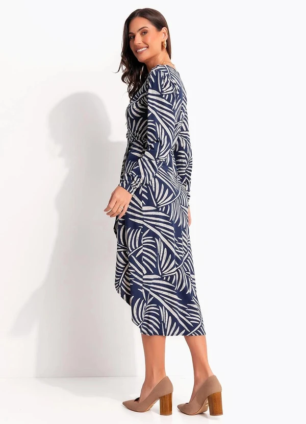 Quintess - Vestido Longuete Transpassado Folhagem Azul em Malha de Viscose 4