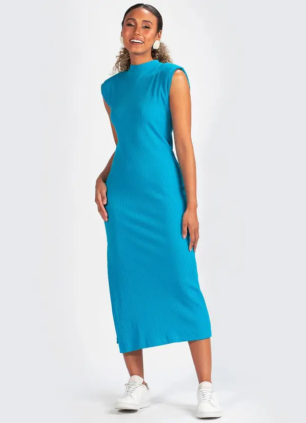 Farm Vestido Malha Canelada Azul