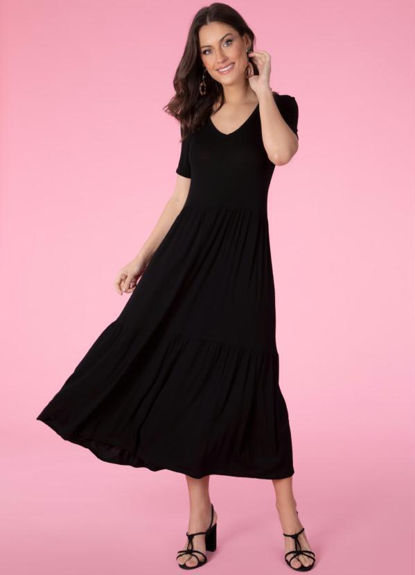 Vestido Malha de Viscose (Preto) com Decote V