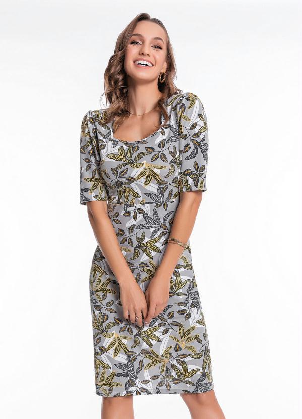 Rosalie - Vestido Manga 3/4 Folhas Cinza Moda Evangélica 2