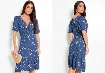 Vestido Manga 3/4 Margaridas Azul