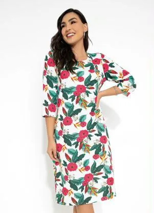 Queima Estoque - Vestido Manga 7/8 Floral Branco - QUEIMA ESTOQUE