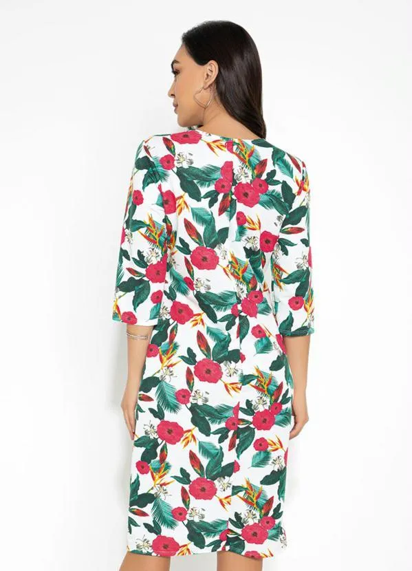 Queima Estoque - Vestido Manga 7/8 Floral Branco 2
