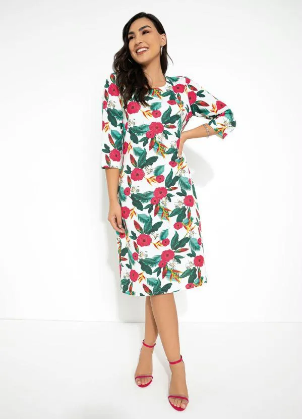 Queima Estoque - Vestido Manga 7/8 Floral Branco 3