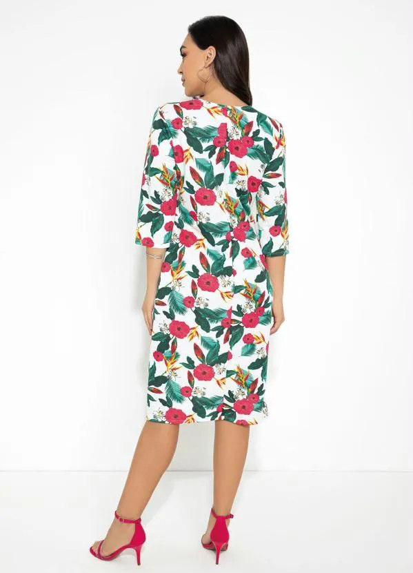 Queima Estoque - Vestido Manga 7/8 Floral Branco 4