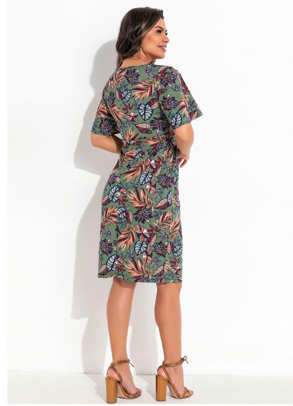 Outlet - Vestido Manga Ampla Folhas Verde Moda Evangélica 2