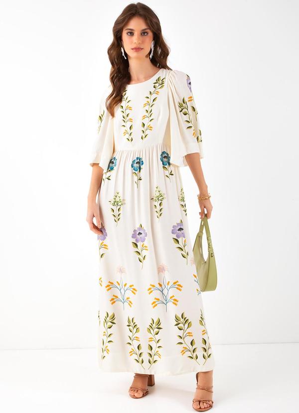 Farm Vestido Manga Curta Jardim Encantado Off White