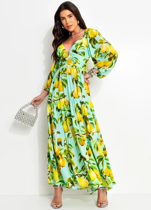 Farm - Vestido Manga em Viscose Verde - FARM