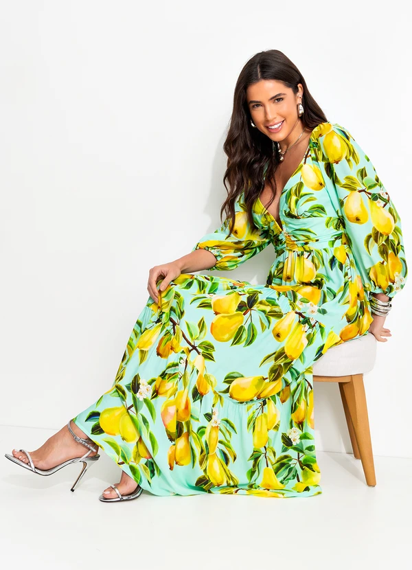 Farm - Vestido Manga em Viscose Verde 3