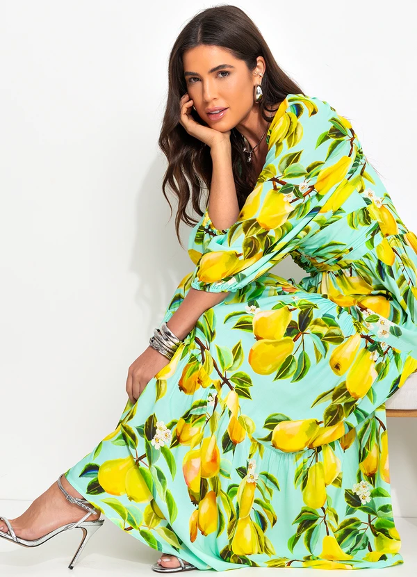 Farm - Vestido Manga em Viscose Verde 4