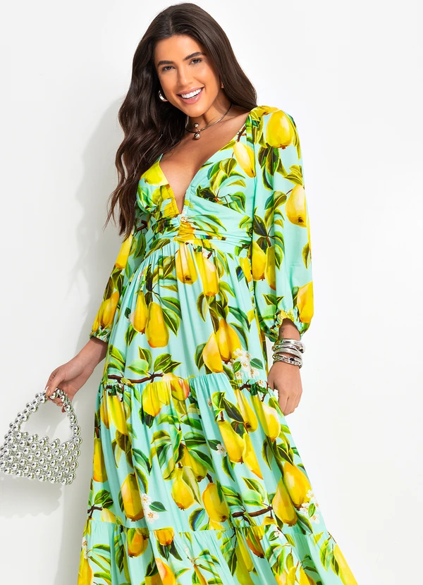 Farm - Vestido Manga em Viscose Verde 6