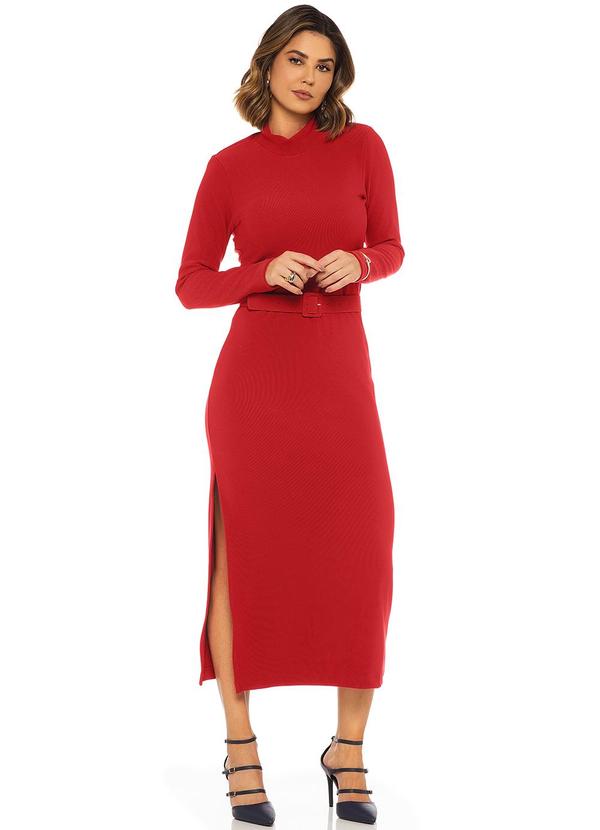 Rafree - Vestido Manga Longa Canelado Vermelho