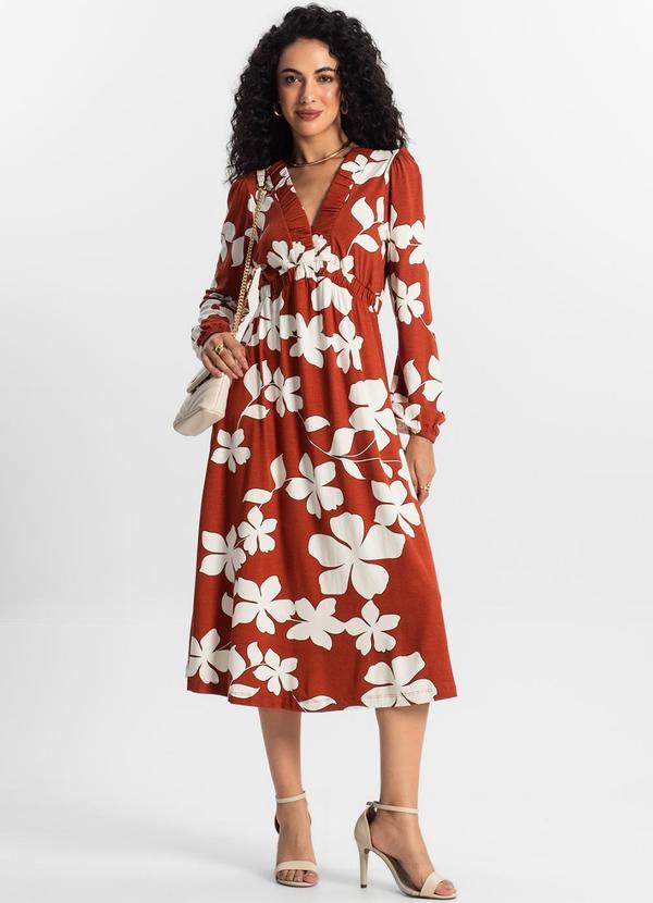 Rovitex - Vestido Manga Longa Midi Feminino Laranja